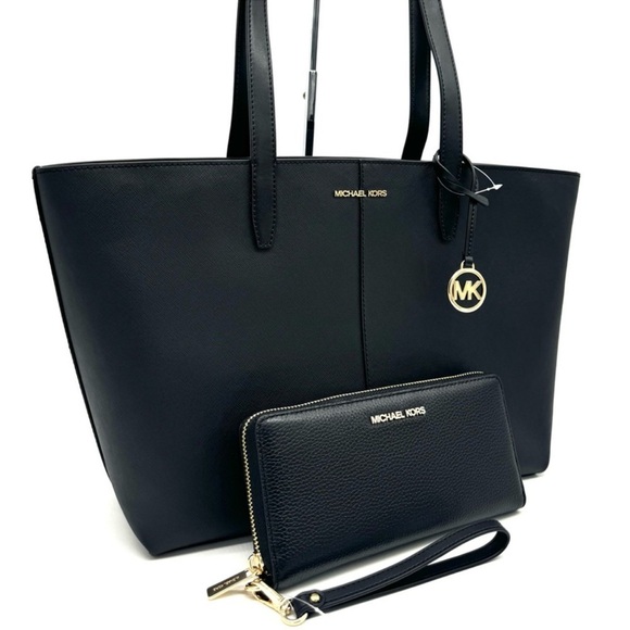 Michael Kors Medium Jet Set Travel Zip Tote Bag & Continental Wallet Black/Gold - Picture 3 of 13